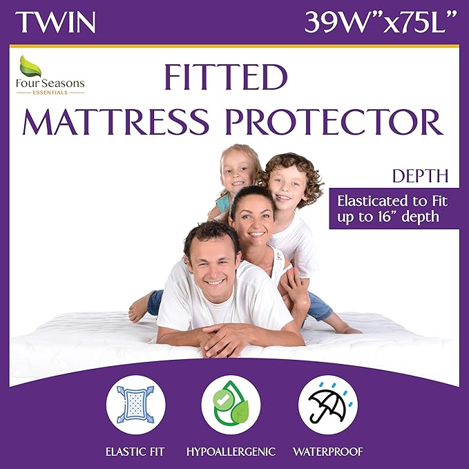 Twin Size Waterproof Mattress Protector - Fitted Sheet Style - Hypoallergenic Premium Quality Cover Protects Against Dust White