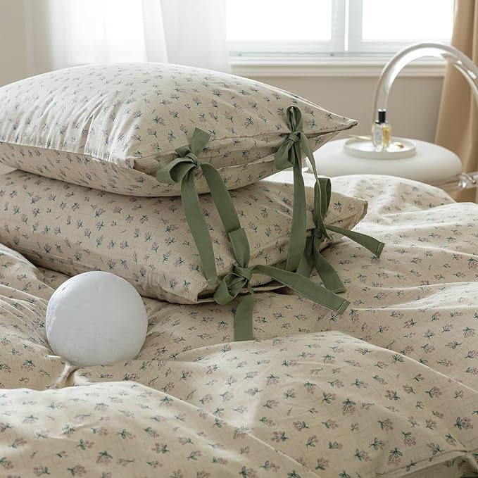 AOJIM Green Floral Printed Duvet Cover Queen Size Vintage Style, 100% Cotton Comforter Cover Set 3pcs for Room Decor, 1 Soft Quilt Cover 90x90'' and 2 Pillowcases 20x26'' with Bow Ties, No Comforter