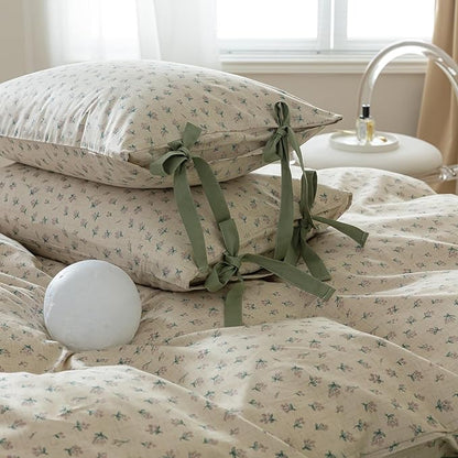 AOJIM Green Floral Printed Duvet Cover Queen Size Vintage Style, 100% Cotton Comforter Cover Set 3pcs for Room Decor, 1 Soft Quilt Cover 90x90'' and 2 Pillowcases 20x26'' with Bow Ties, No Comforter