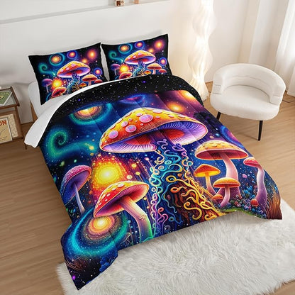 Kids Mushroom Comforter Set King Size,Colorful Flash Natural Wild Fungus Bedding Set for Kids Boys Girls Room Decor,Botanical Plants Bedding Sets with 2 Pillowcases.