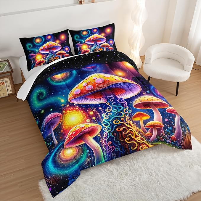 Kids Mushroom Comforter Set Full Size,Colorful Flash Natural Wild Fungus Bedding Set for Kids Boys Girls Room Decor,Botanical Plants Bedding Sets with 2 Pillowcases.