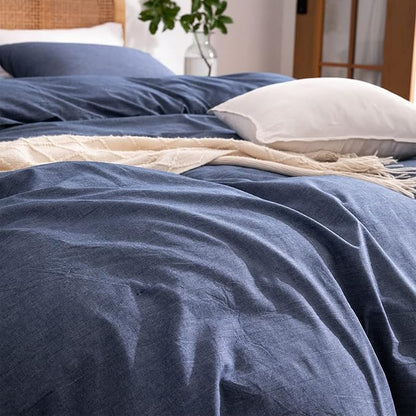 Blue Duvet Cover King, 100% Washed Cotton Linen Like Textured Solid Color Casual Modern Style Blue Bedding Set, with Zipper Closure, Luxury Soft Relaxed Feel Natural Wrinkled Comfy (3pcs, King)