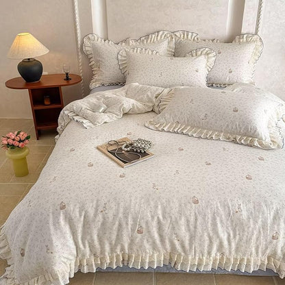 BuLuTu Lace Ruffles Duvet Cover Twin with Cute Rabbit Blue Floral Print, Princess Bedding Set for Kids Teens Girls, 100% Gauze Cotton Muslin Bedding Comforter Cover with Zipper, 4 Ties