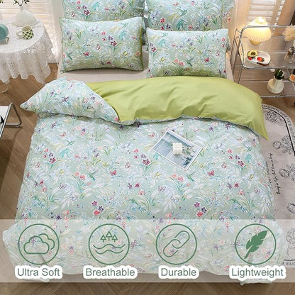 URBONUR Green Floral Duvet Cover Set Full Size 100% Egyptian Cotton Percale Bedding Set Farmhouse Butterfly Print Comforter Cover with Button Closure (3Pcs, Full)
