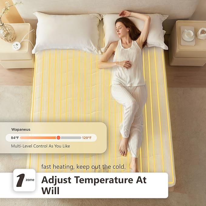 Wapaneus Quilted Wave Heated Mattress Pad Full Size 10 Heat Settings with 1-12 Hours Timer Auto Off,Deep Pocket Fits up to 18",Coral Fleece Bed Warmer,ETL Listed Machine Washable,54"x75"