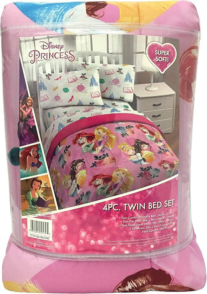 Jay Franco Disney Princess Sassy 4 Piece Twin Bed Set - Includes Comforter & Sheet Set - Super Soft Fade Resistant Polyester - (Official Disney Product)