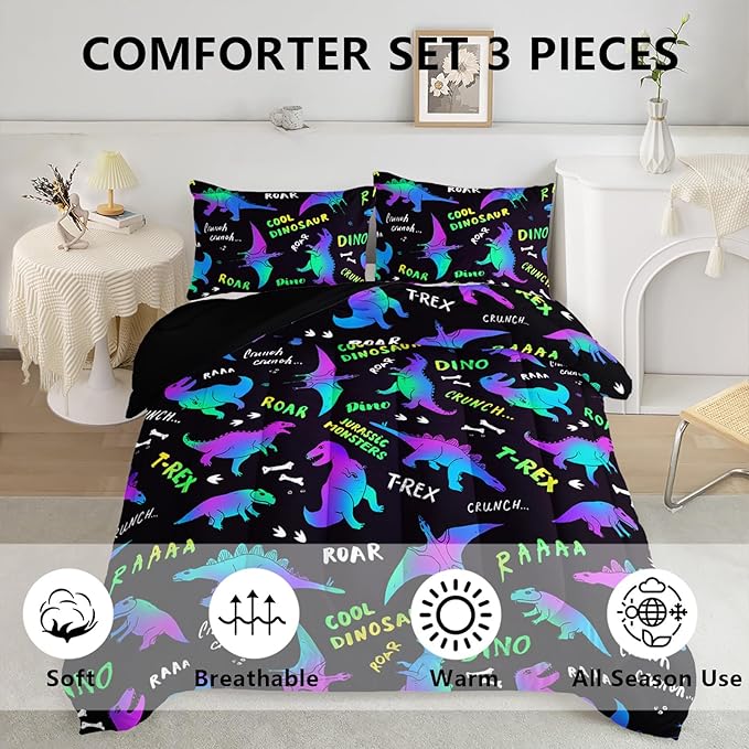 Axolotl Cartoon Dinosaur Bedding Set King Size,Gradient Dinosaur Comforter for Kids Teens,Colorful Dino Kids Bed Set,Monsters Bedding for Boys Girls Adults,1 Quilt with 2 Pillowcases All Season,Black