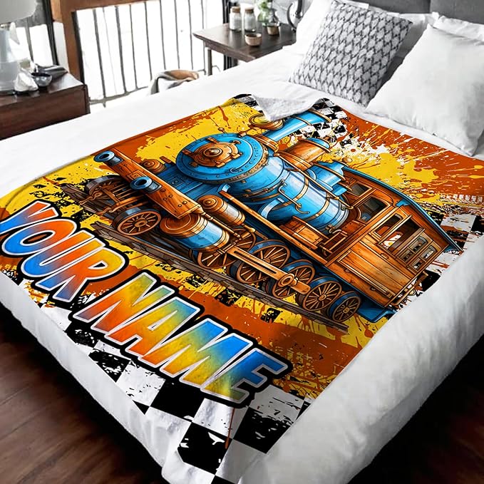 Boys Blanket Gifts Personalized Train Blankets for Kids Toddlers Boys - 30" x 40" Custom Name Cute Car Themed Soft Lightweight Flannel Throws for Couch, Sofa, Bed, Office, Travel