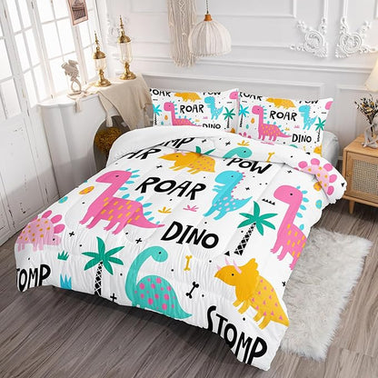 Axolotl Girls Cartoon Dinosaur Bedding Comforter Set,Cute Colorful Dinosaur Bedding for Girls Teens,Kawaii Dino Animal Kids Comforter Set for Boys Adults,1 Quilt 2 Pillow Cases,White King Size