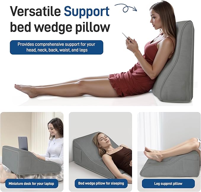 Daneey Reading Pillows for Sitting in Bed Adult Back Pillow for Bed Sitting Up, Back Support Pillow for Bed, Foam Wedge Pillow for Neck, Lumbar, Back, Gray, 20 * 9 * 22IN, Blue