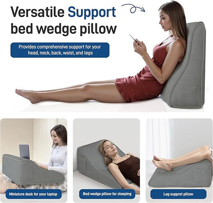 Daneey Reading Pillows for Sitting in Bed Adult Back Pillow for Bed Sitting Up, Back Support Pillow for Bed, Foam Wedge Pillow for Neck, Lumbar, Back, Gray, 20 * 9 * 22IN, Blue