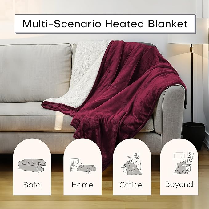 Electric Blanket Twin Size 62" x 84" Thickened Flannel and Sherpa Heated Blanket,10 Hours Timer Auto-Off,5 Heating Levels,for Bedroom Office Couch,WineRed