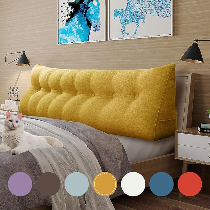 14 lbs Thickened King Headboard Pillow Wedge Pillow Headboard Reading Pillow Bed for Backrest Reading Triangular Pillow with Side Pocket for Sitting in Bed Cotton Linen Yellow