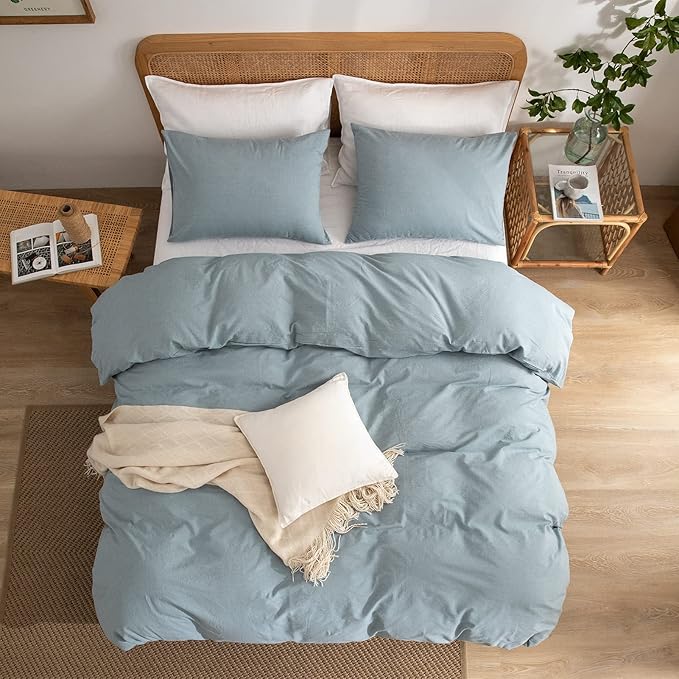 Light Blue Duvet Cover Queen, 100% Washed Cotton Linen Like Textured 3 Pieces Bedding Set, Solid Color Simple Style Luxury Relaxed Feel Natural Wrinkled Breathable Soft Comfy (Light Blue, Queen)