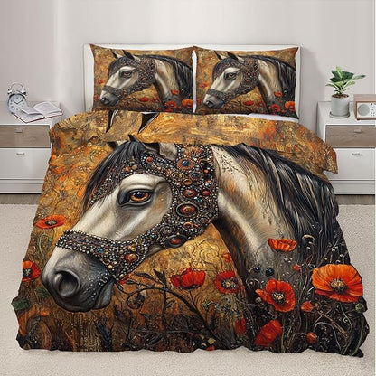 Horse Duvet Cover Twin Ancient Warhorses Bedding Set 2 Piece for Kids Decor Red Poppy and Horse Comforter Cover and 1 Pillow Sham with Zipper Closure