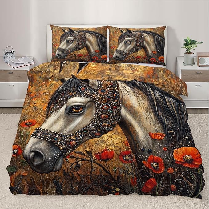 Horse Duvet Cover Oversized King Ancient Warhorses Bedding Set Bedroom Decor Red Poppy and Horse Comforter Cover and 2 Pillow Sham with Zipper Closure