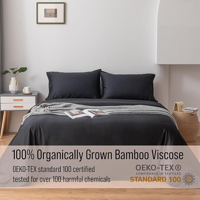Bella Coterie Luxury Bamboo Viscose Queen Size Sheet Set | 100% Organically Grown | Ultra Soft | Cooling for Hot Sleepers | 18" Deep Pocket [Black]