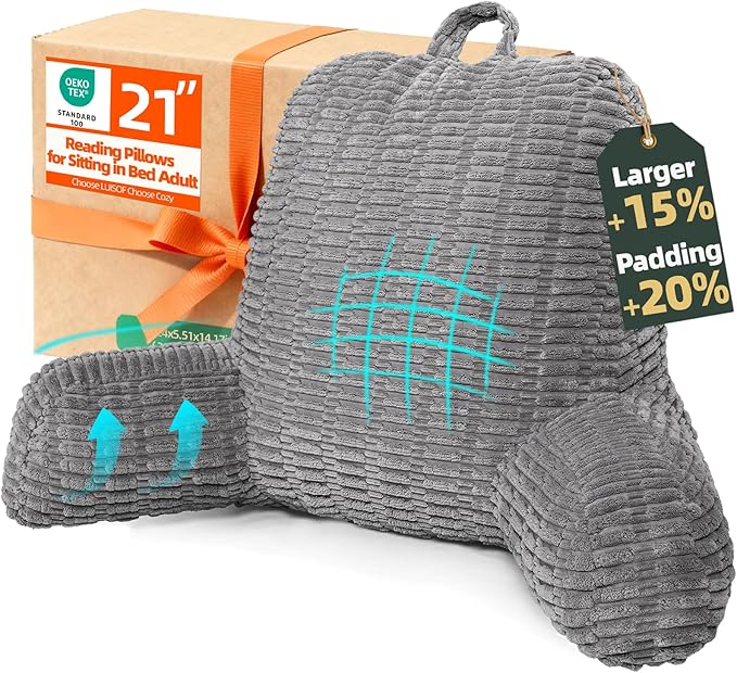 21" Higher Large Reading Pillow for Bed Adult, Back Pillow for Bed Sitting Up with Memory Foam Back Support with Arms Rest for Couch Chair Gray