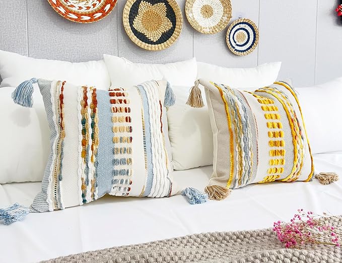 Boho Throw Pillow Covers 18x18 Aesthetic Neutral Boucle Couch Pillow Cover Rainbow Striped Decorative Accent Pillow Case for Couch Bed Sofa Farmhouse Bedroom,Modern Funky,Set of 2 Light Blue