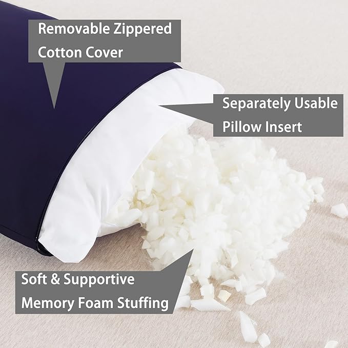 WhatsBedding Memory Foam Body Pillow with Cooling Zippered Cotton Cover, Full Body Pillow for Adults, Long Pillow for Sleeping, Firm Pillow Breathable Fluffy Supportive - Dark Blue
