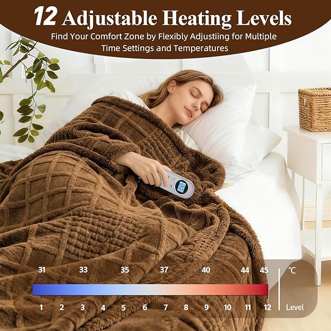 Heated Blanket Electric,Waffle Heating Blanket with 12 Heat Levels, Fast Heating Blanket with 1-12 Timer Settings, Overheat Protection with ETL & FCC for Home Office Sofa-50"x60"