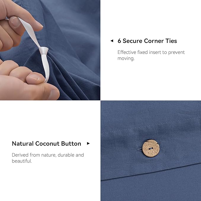 JELLYMONI Cotton Duvet Cover Full Size - Blue Comforter Cover with Button 100% Washed Cotton 3PCS Breathable Soft Solid Bedding Set Duvet Cover 80×90in & 2 Pillowcases (NO Comforter)