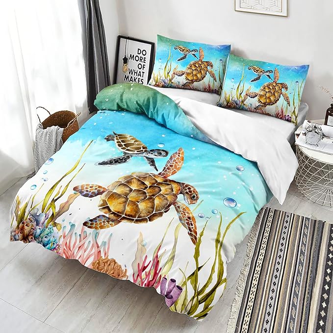 CVHOUSE Sea Turtle Bedding,Ocean Sea Turtle Bedding Set for Kids Teens,Beach Tutle Comforter Cover Set Soft,1 Duvet Cover 2 Pillowcases 3 Piece,Ocean Decor, King 90'x102'