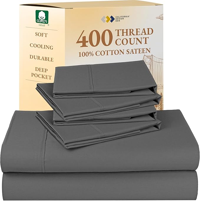 California Design Den 6-Pc King Size Sheet Set with 4 Pillowcases - Soft 400 Thread Count 100% Cotton Sheets, Sateen Weave, Deep Pocket Bedsheets Set - Grey