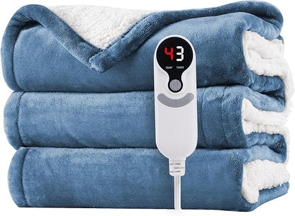 Electric Heated Blanket Throw Size 50"x60" - Flannel & Sherpa Fabric Dual-Sided, 6 Heat Settings & 1-3 Hours Auto Off, Soft & Cozy Warming Throw for Home, Office, or Bed, Machine Washable, Slate Blue