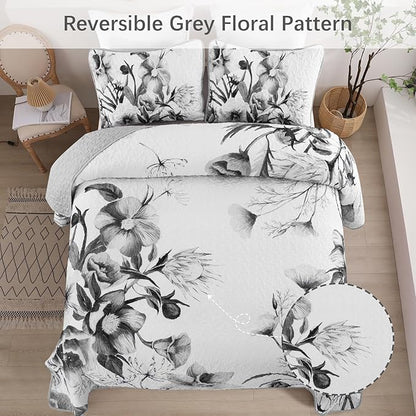 Floral Quilt Set Queen 3 Pieces Grey Floral Quilt Coverlet Set Soft Microfiber Lightweight White Quilted Bedspread for All Season 90"x96"