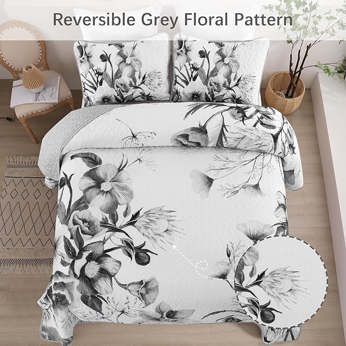 Floral Quilt Set King 3 Pieces Grey Floral Quilt Coverlet Set Soft Microfiber Lightweight White Quilted Bedspread for All Season 104"x90"