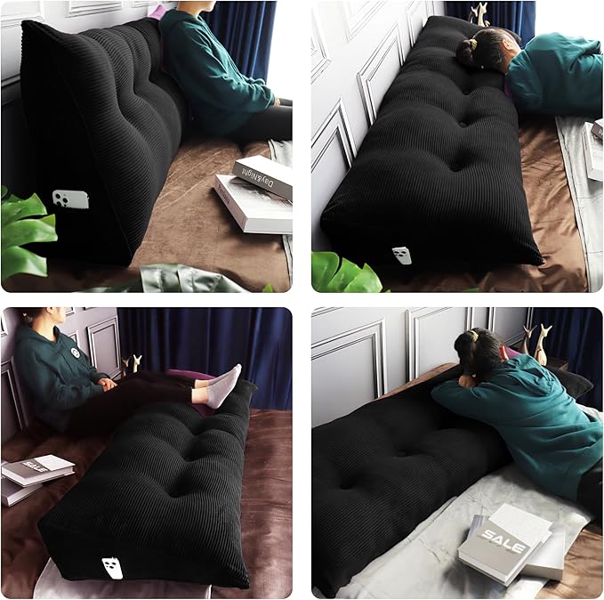 WOWMAX 100% Cotton Corduroy Headboard Pillow – Full Size Back Support Reading Wedge for Bed & Daybed, Plush Handmade Bolster Cushion with Removable Cover, Cozy Bed Rest Pillow, Black