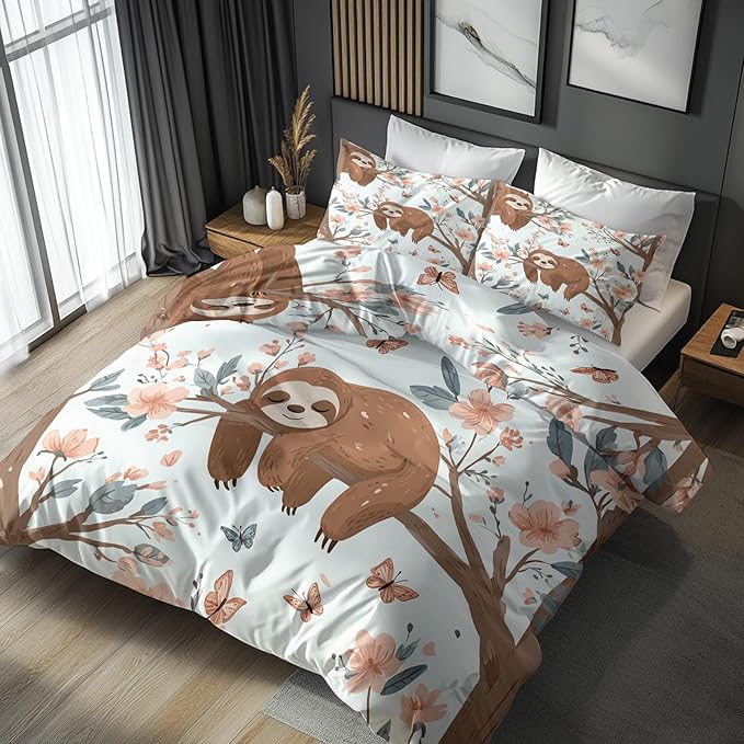 Sloth Duvet Cover Oversized King Size, Kids Boys Girls Bedding Set 3 Pcs (2 Pillow Shams), Super Soft Microfiber Bedroom Decor, Zipper & Ties CSXQ1247