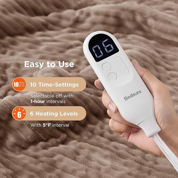 Bedsure GentleSoft Electric Blanket Twin - Soft Ribbed Flannel Heated Blanket, Heating with 10 Time Settings, 6 Heat Settings, and 8 hrs Timer Auto Shut Off, Gifts for Grandma (62x84 inches, Brown)