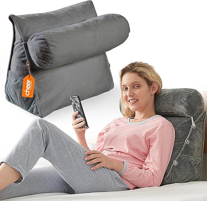 Cheer Collection Reading Wedge Pillow – TV Pillow with Adjustable Bolster Pillow, Memory Foam Back Support for Couch & Bed, Pillow Chair for Bed, Reading Pillows for Adults & Kids, Gray