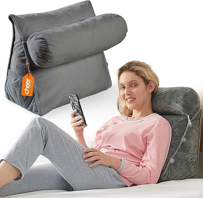Cheer Collection Reading Wedge Pillow – TV Pillow with Adjustable Bolster Pillow, Memory Foam Back Support for Couch & Bed, Pillow Chair for Bed, Reading Pillows for Adults & Kids, Gray
