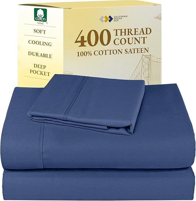 California Design Den Twin Size Sheets Set - 400 Thread Count Sateen, Natural 100% Cotton Sheets, Deep Pockets with All Around Elastic, Soft, Durable Bedding - Navy Blue