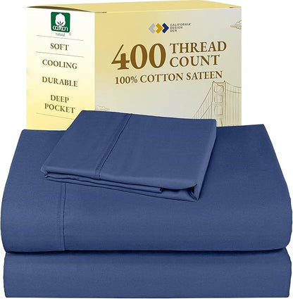 California Design Den Twin Size Sheets Set - 400 Thread Count Sateen, Natural 100% Cotton Sheets, Deep Pockets with All Around Elastic, Soft, Durable Bedding - Navy Blue