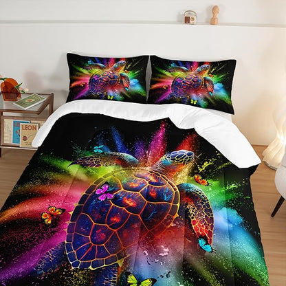 HOSIMA Watercolor Sea Turtle Comforter Set Twin Size,Tie Dye Ocean Turtle Butterfly Bedding Set,Marine Life Theme Twin Size Comforter for Kids Room Decor with 2 Pillowcases.