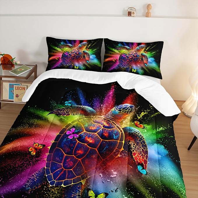 HOSIMA Watercolor Sea Turtle Comforter Set Queen Size,Tie Dye Ocean Turtle Butterfly Bedding Set,Marine Life Theme Queen Size Comforter for Kids Room Decor with 2 Pillowcases.