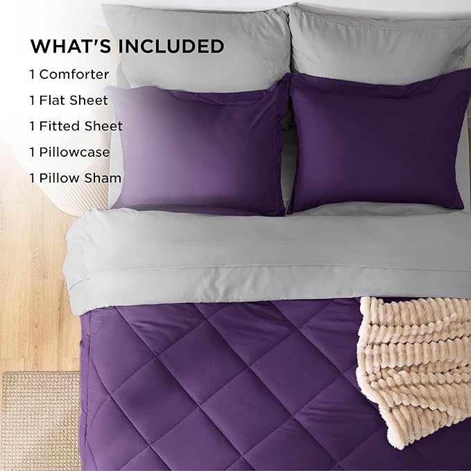 Bedsure Twin Comforter Set - 5 Pieces Reversible Purple Bedding, Twin Size Bed Set for All Seasons, Bed in a Bag with Down Alternative Comforter, Sheets, Pillowcase & Sham