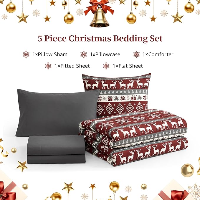 MaiRêve Christmas Twin XL Comforter Set, Red Reindeer Snowflake Bed Set for Holiday, Reversible Plaid Checkered Comforter Bed in a Bag, Soft Bedding Set 5 Pieces with Sheets, Pillowcase & Sham