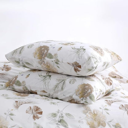 Floral Duvet Cover King Size 100% Cotton Duvet Cover Set Khaki and Green Floral Duvet Cover with Zipper Closure & Corner Ties 3 Pcs Soft & Breathable Comforter Cover Sets