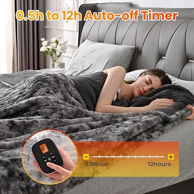 WOOMER Heated Blanket Full Size Electric Blanket 77"x 84", Soft Faux Fur Fast Heating Blanket, 10 Heating Levels & 0.5-12H Auto Off, Over-Heat Protection, ETL Certification