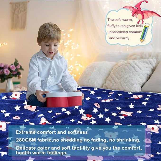 Warm Soft Toddler Fleece Blankets for Boys with Cartoon Bear & Star Pattern Print - Cozy Fuzzy Plush Flannel Kids Throw Blanket for Daycare & School - 50x60 inches