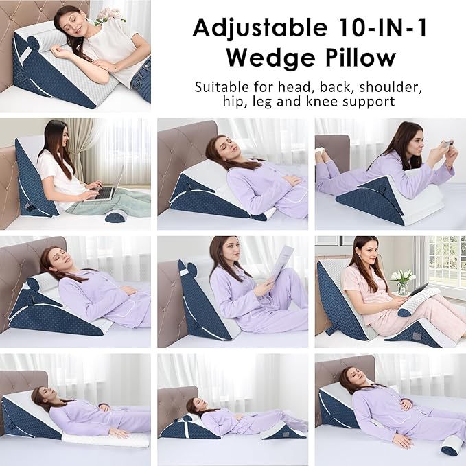 Bed Wedge Pillow for Sleeping, 3PCS Wedge Pillow Set for After Surgery, Adjustable 7 &12 inch Pillow Wedges for Acid Reflux Relief, Back Pain Relief, Sleep Apnea, Sitting Up, Headboard (Blue/White)