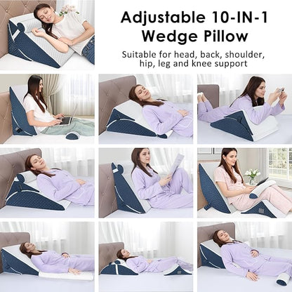 Bed Wedge Pillow for Sleeping, 3PCS Wedge Pillow Set for After Surgery, Adjustable 7 &12 inch Pillow Wedges for Acid Reflux Relief, Back Pain Relief, Sleep Apnea, Sitting Up, Headboard (Blue/White)