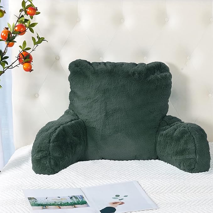 Plush Faux Fur Backrest Reading Bed Rest Pillow with Arms and Pockets for Sitting in Bed Couch Sofa, Back Support Wedge Cushion with Removable Cover, 20" x 18" x 17", Dark Gray