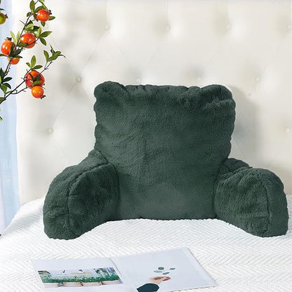 Plush Faux Fur Backrest Reading Bed Rest Pillow with Arms and Pockets for Sitting in Bed Couch Sofa, Back Support Wedge Cushion with Removable Cover, 20" x 18" x 17", Dark Gray
