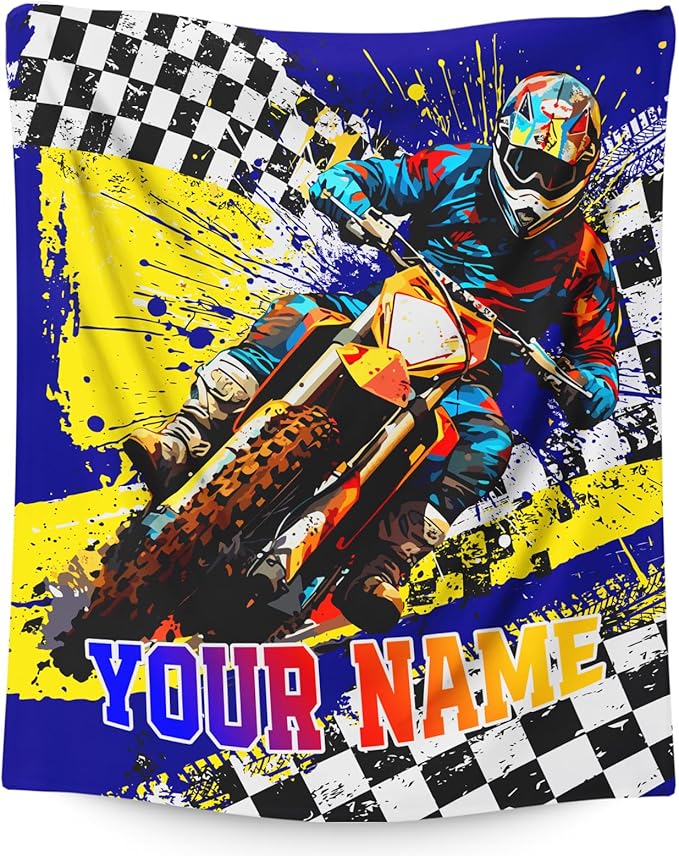 Boys Blanket Gifts Personalized Dirt Bike Blankets for Kids Teens Adults - 60" x 80" Custom Name Cool Car Themed Motorcycle Soft Lightweight Flannel Throws for Couch, Sofa, Bedroom Decor